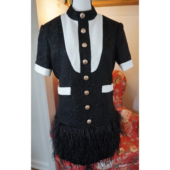 Tuxedo Style Sparkle Tweed Mini Dress with Fringe Feather Hem Sz M (6/8) - Picture 3 of 16
